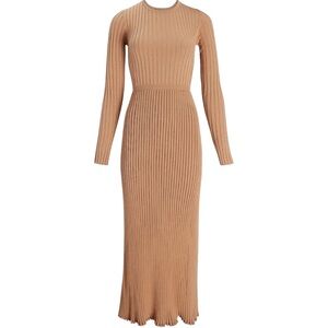 Pleated Sweater A-Line Dress - Beige